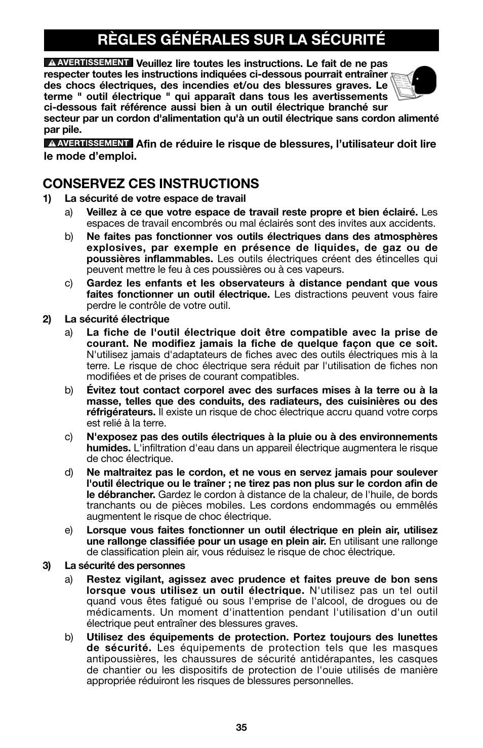 Règles générales sur la sécurité, Conservez ces instructions | Porter-Cable 8823 User Manual | Page 35 / 52