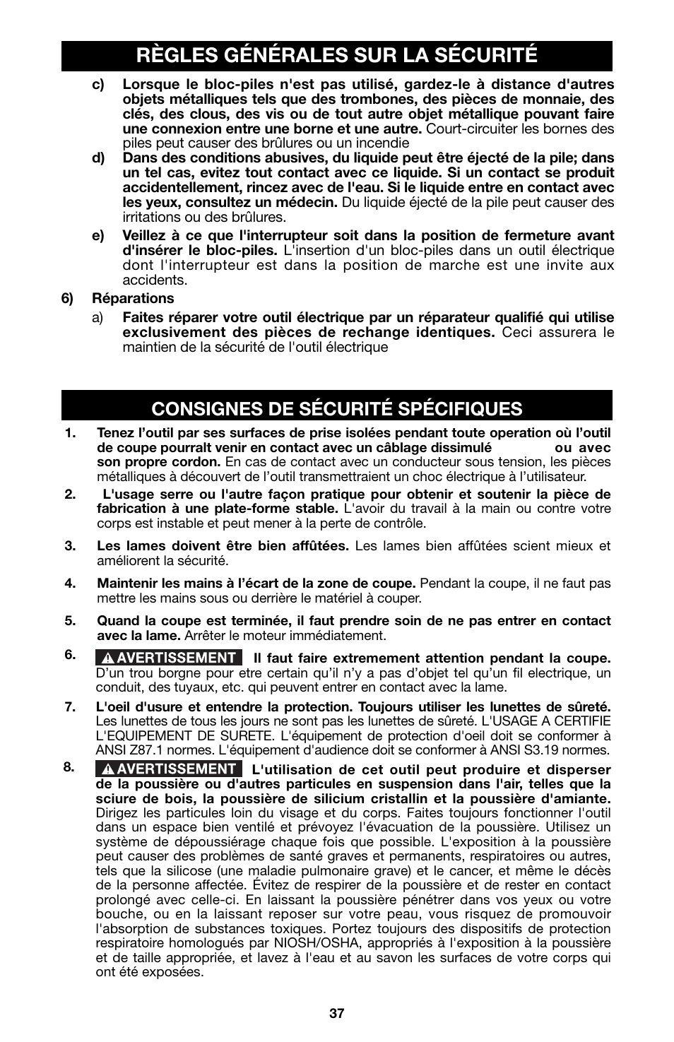 Règles générales sur la sécurité, Consignes de sécurité spécifiques | Porter-Cable 8823 User Manual | Page 37 / 52