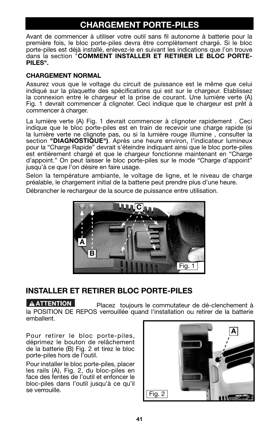 Chargement porte-piles, Installer et retirer bloc porte-piles | Porter-Cable 8823 User Manual | Page 41 / 52