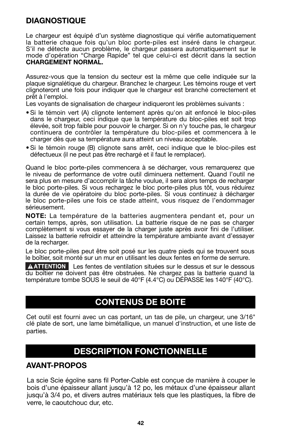 Contenus de boite, Description fonctionnelle, Diagnostique | Avant-propos | Porter-Cable 8823 User Manual | Page 42 / 52