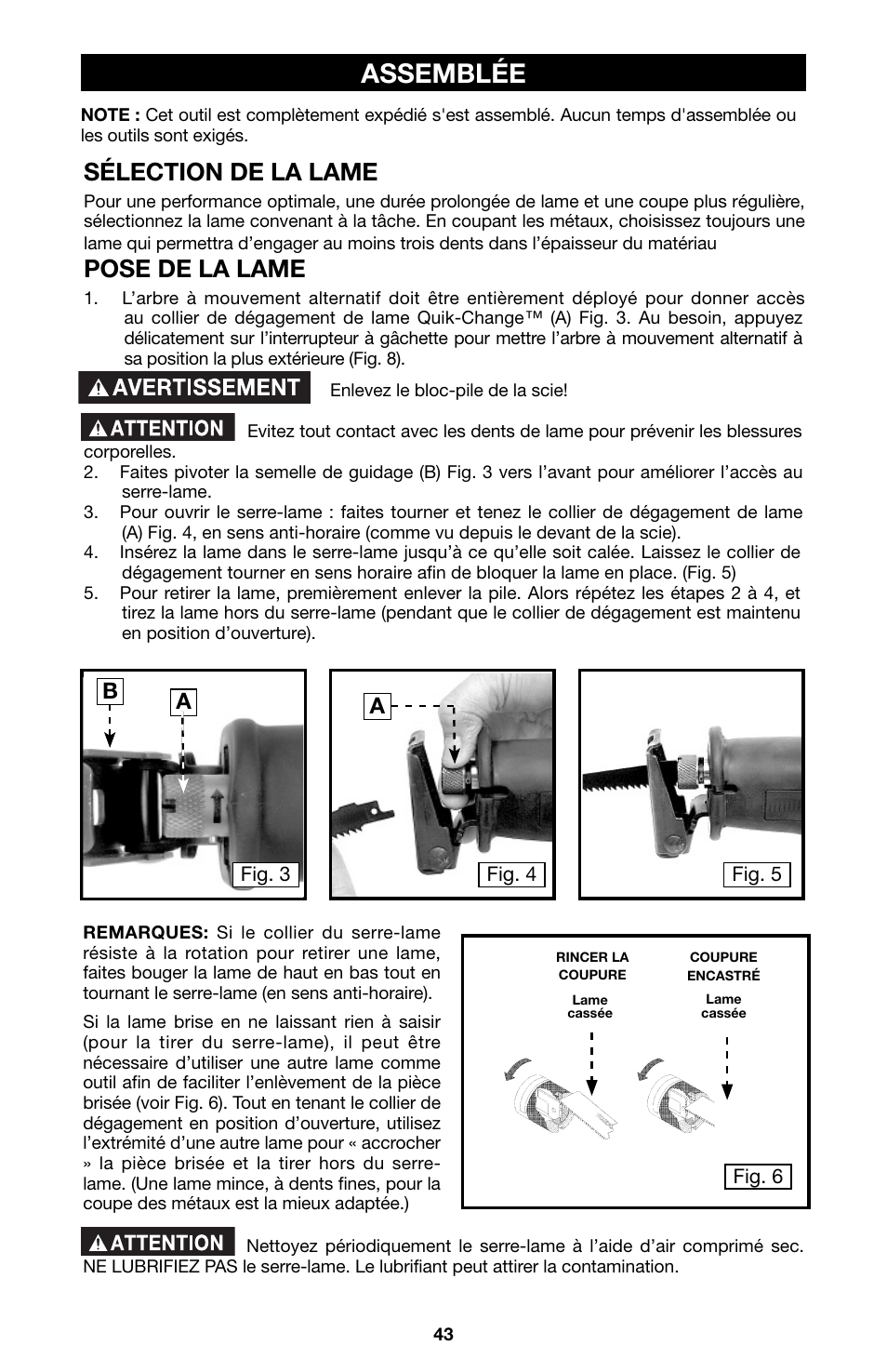 Assemblée, Sélection de la lame, Pose de la lame | Porter-Cable 8823 User Manual | Page 43 / 52