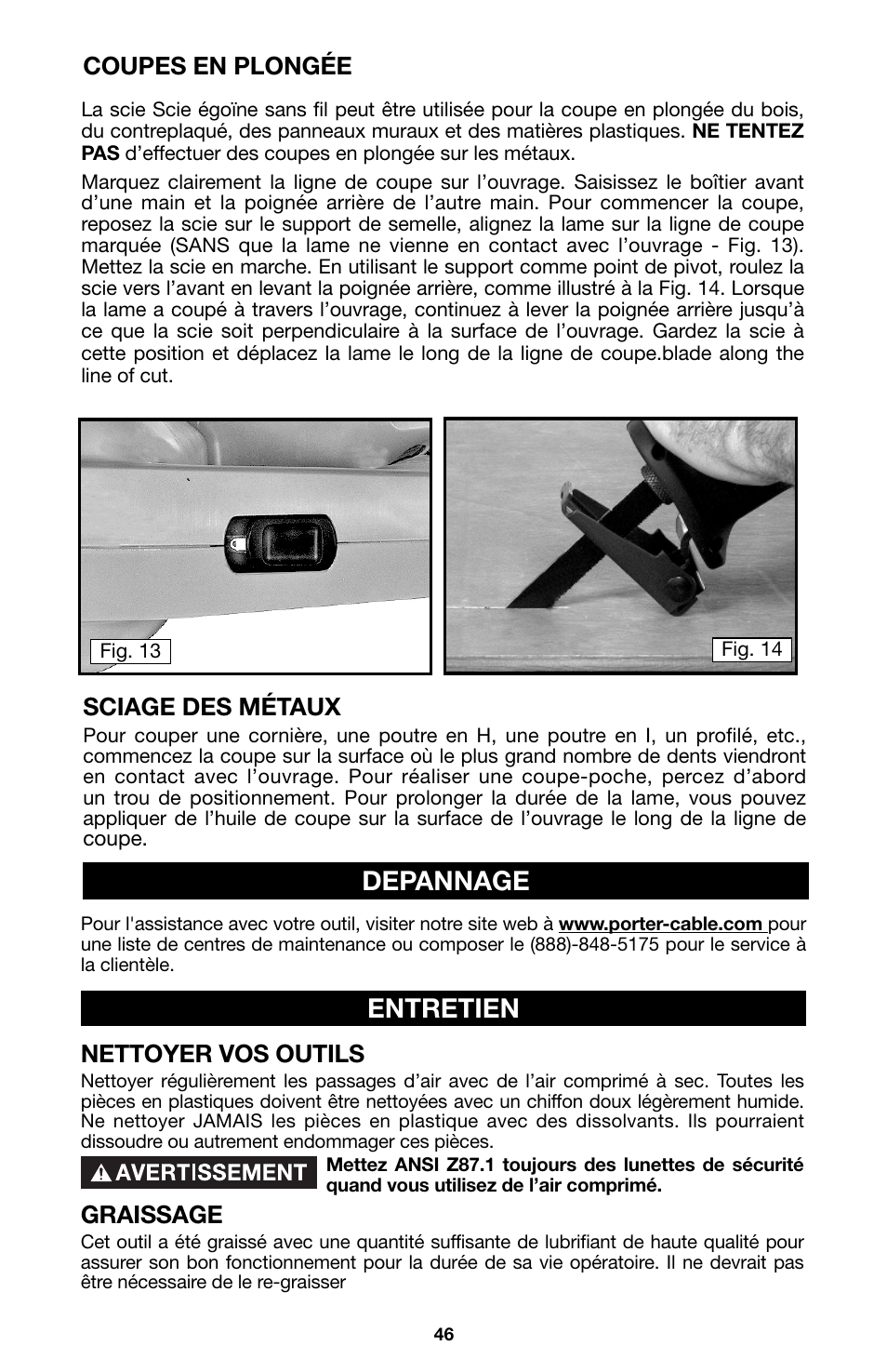 Depannage, Entretien | Porter-Cable 8823 User Manual | Page 46 / 52