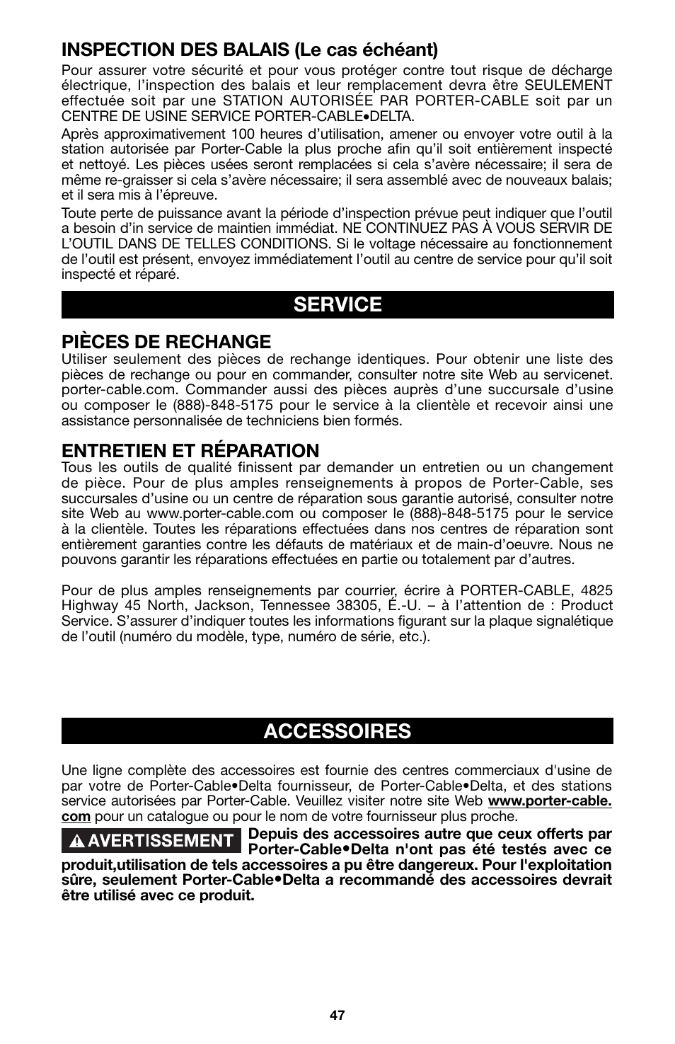 Service, Accessoires, Pièces de rechange | Entretien et réparation, Inspection des balais (le cas échéant) | Porter-Cable 8823 User Manual | Page 47 / 52