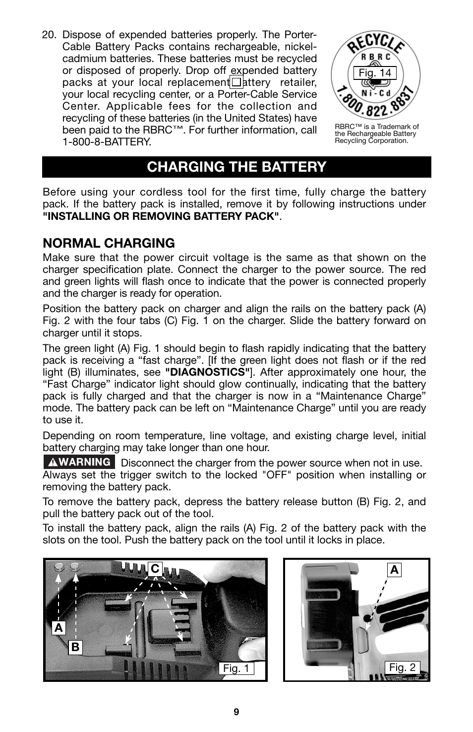 Charging the battery, Normal charging | Porter-Cable 8823 User Manual | Page 9 / 52