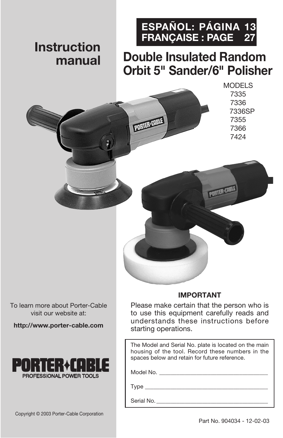 Porter-Cable 7355 User Manual | 13 pages