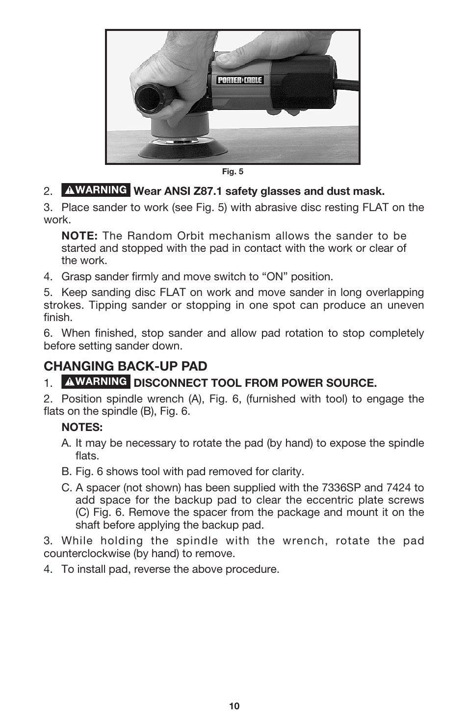 Changing back-up pad | Porter-Cable 7355 User Manual | Page 10 / 13