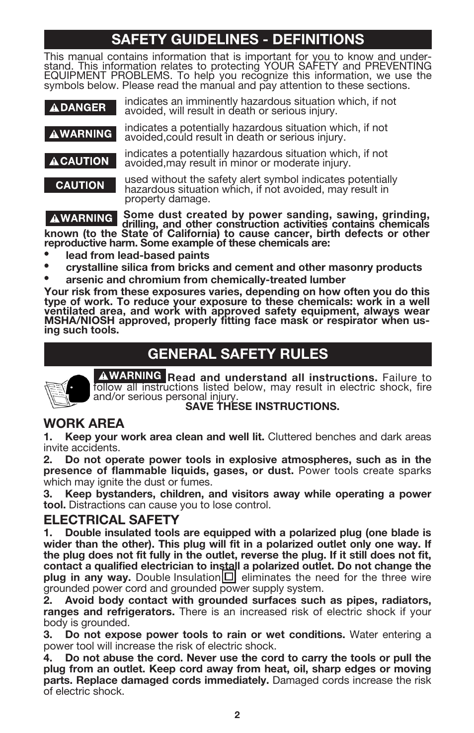 Safety guidelines - definitions, General safety rules, Work area | Electrical safety | Porter-Cable 7355 User Manual | Page 2 / 13