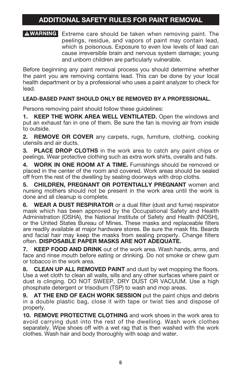 Additional safety rules for paint removal | Porter-Cable 7355 User Manual | Page 5 / 13