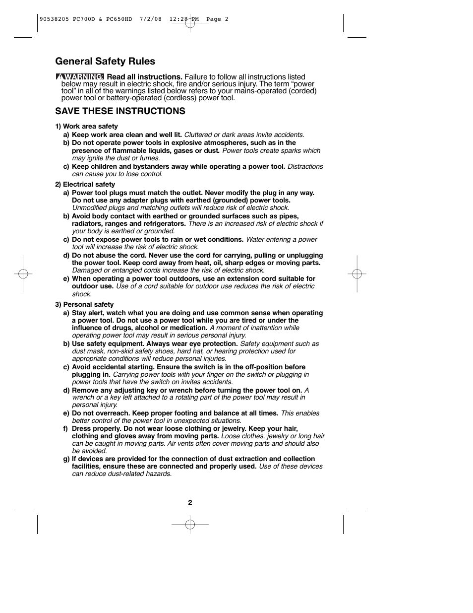 General safety rules, Save these instructions | Porter-Cable PC650HD User Manual | Page 2 / 32