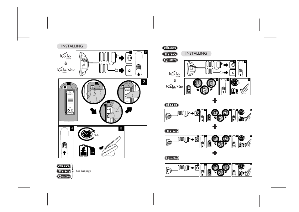 Installing duo/trio/quattro packs, Duo quattro, Installing | See last page | Porter-Cable KALA 300 User Manual | Page 19 / 22