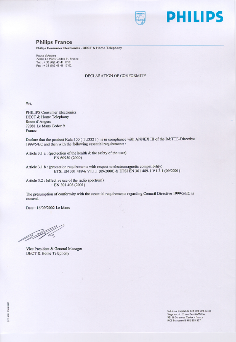 Certificate of conformity kala 300 | Porter-Cable KALA 300 User Manual | Page 21 / 22