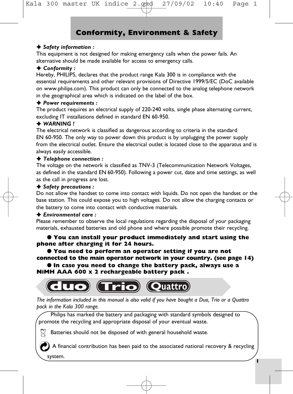 Conformity, environment & safety, Quattro | Porter-Cable KALA 300 User Manual | Page 3 / 22