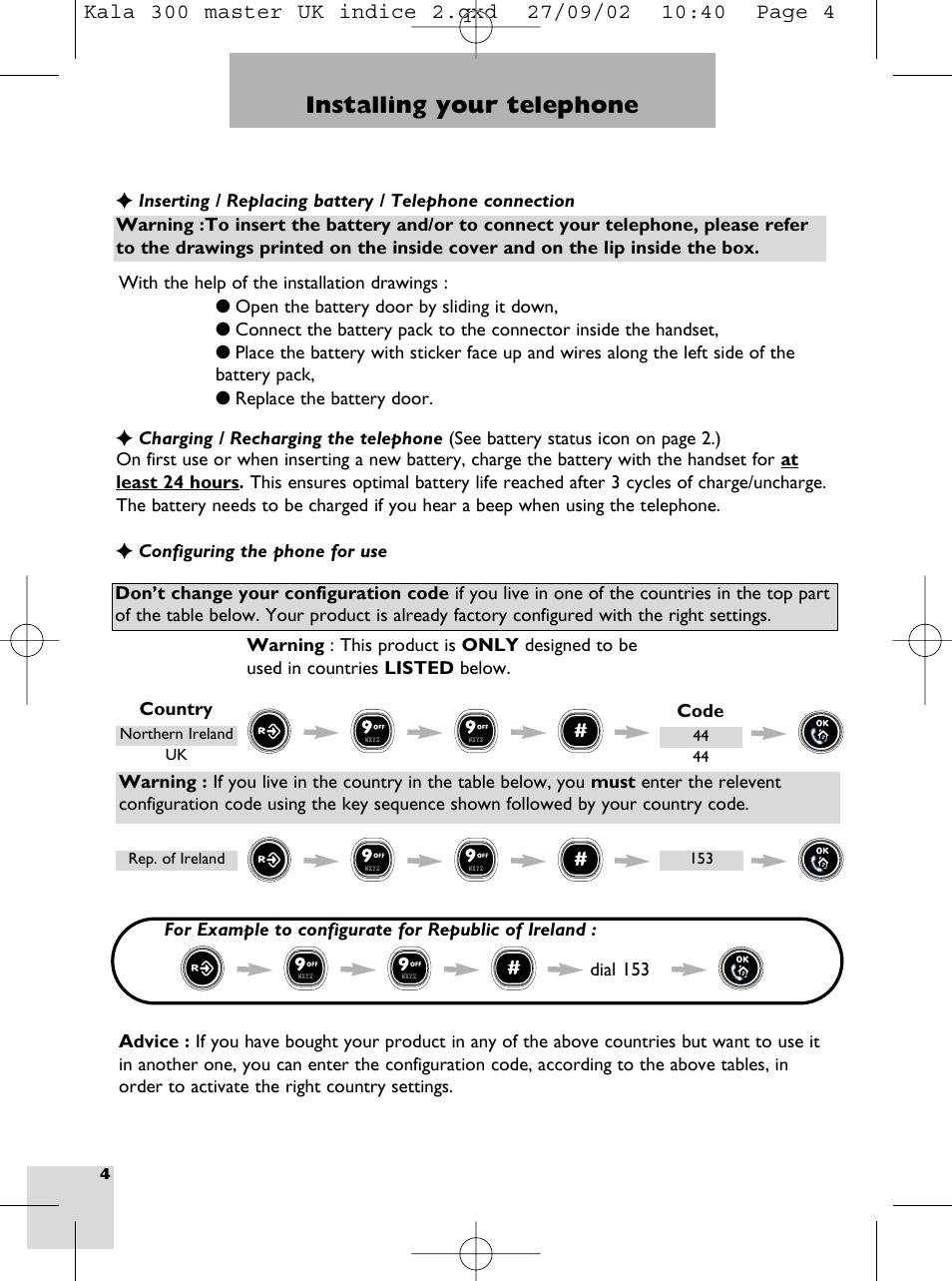 Intalling your phone, Battery charge status, Charge in progress | Fully charged, Low p 4, Installing your telephone | Porter-Cable KALA 300 User Manual | Page 6 / 22