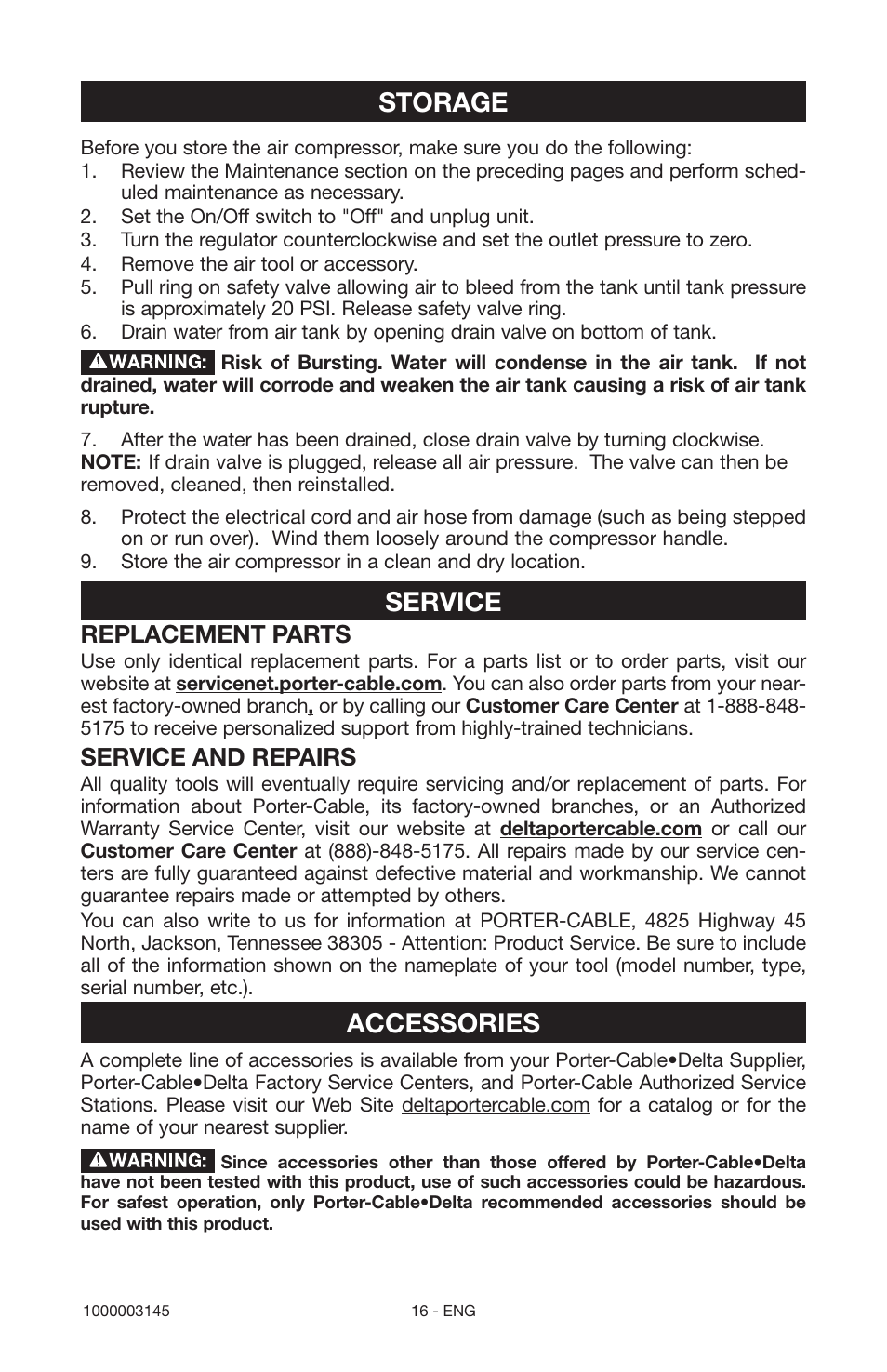 Storage, Service, Accessories | Replacement parts, Service and repairs | Porter-Cable 1000003145 User Manual | Page 16 / 64