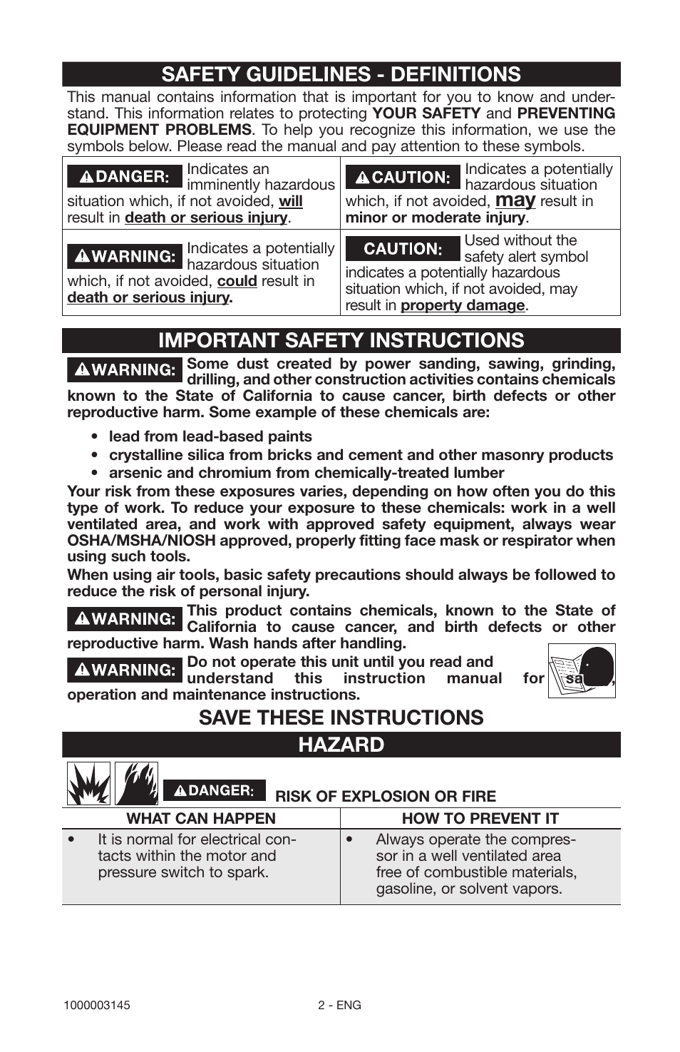 Safety guidelines - definitions, Important safety instructions, Save these instructions hazard | Porter-Cable 1000003145 User Manual | Page 2 / 64