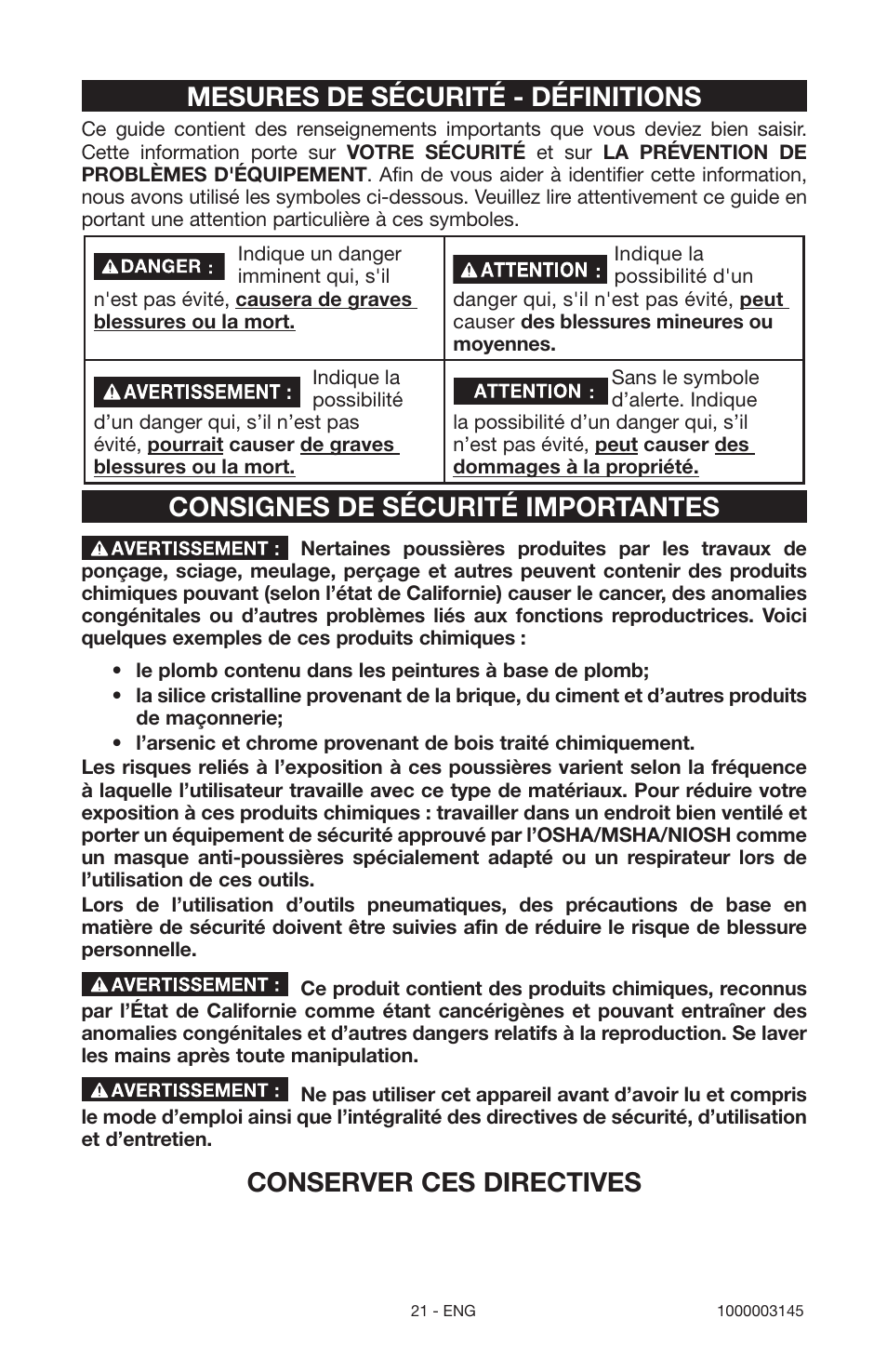 Mesures de sécurité - définitions, Consignes de sécurité importantes, Conserver ces directives | Porter-Cable 1000003145 User Manual | Page 21 / 64