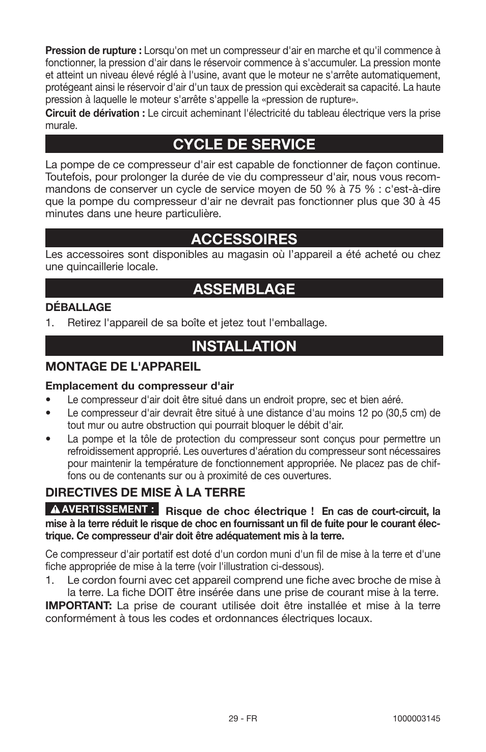 Cycle de service, Accessoires, Assemblage | Installation | Porter-Cable 1000003145 User Manual | Page 29 / 64