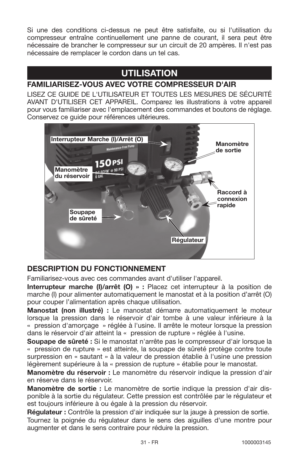 Utilisation, Familiarisez-vous avec votre compresseur d'air, Description du fonctionnement | Porter-Cable 1000003145 User Manual | Page 31 / 64