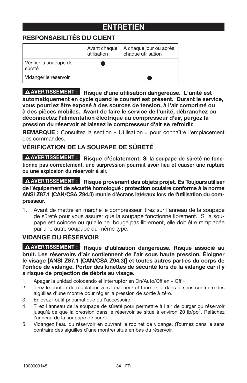 Entretien, Responsabilités du client, Vérification de la soupape de sûreté | Vidange du réservoir | Porter-Cable 1000003145 User Manual | Page 34 / 64