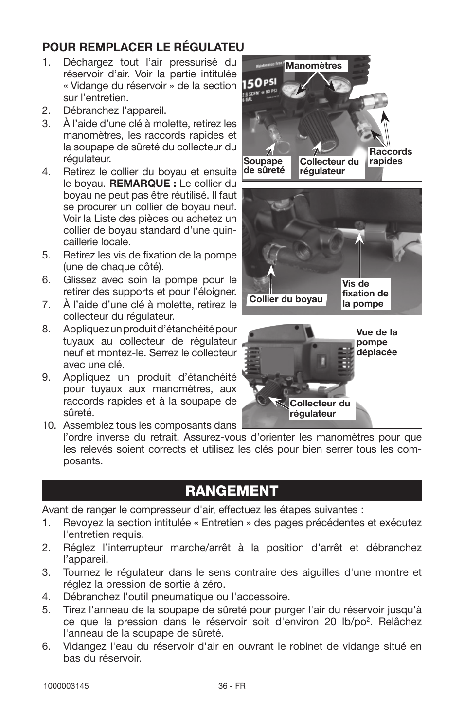 Rangement, Pour remplacer le régulateu | Porter-Cable 1000003145 User Manual | Page 36 / 64