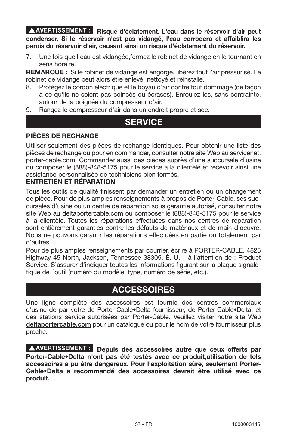 Service, Accessoires | Porter-Cable 1000003145 User Manual | Page 37 / 64