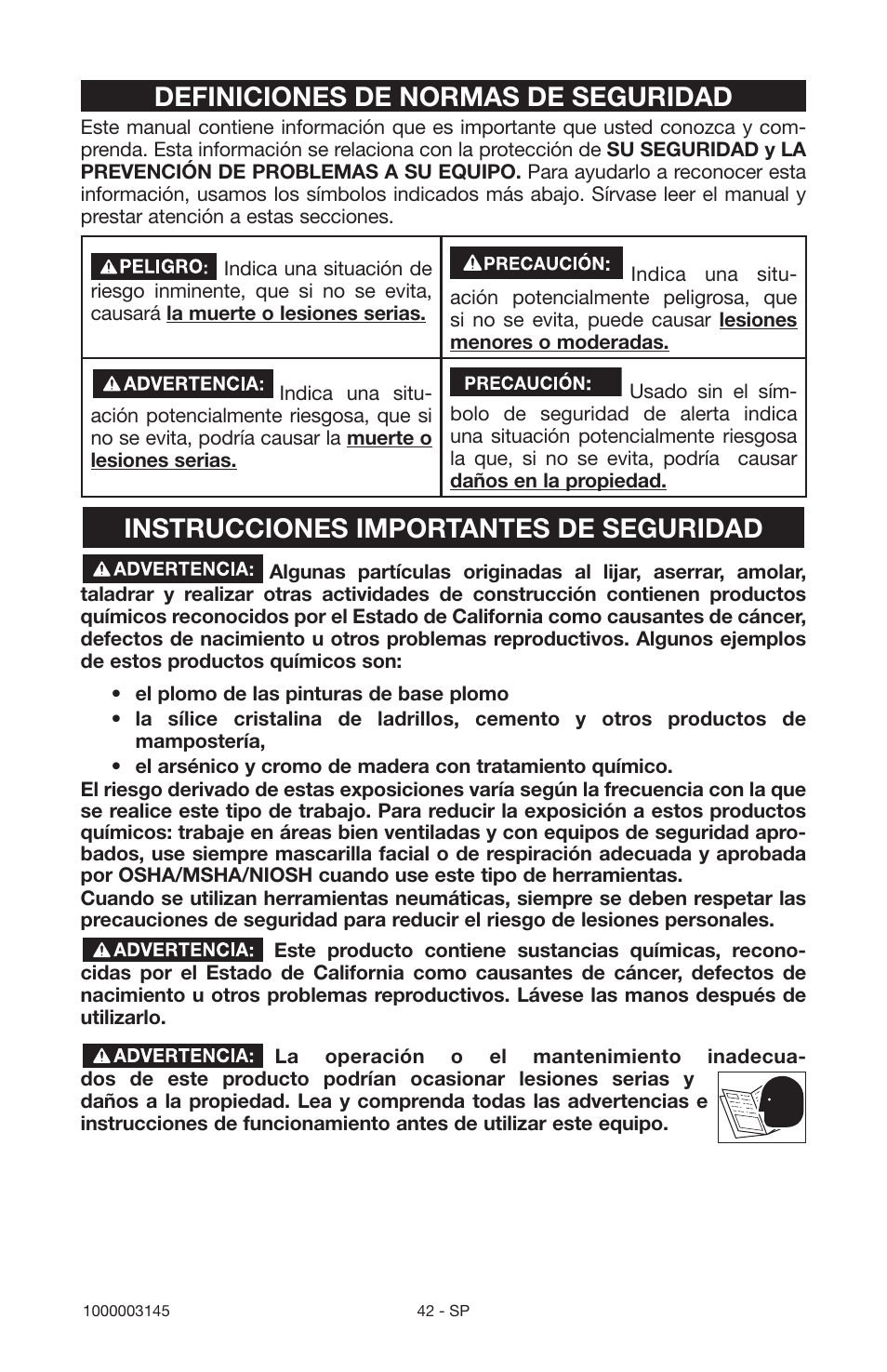 Definiciones de normas de seguridad, Instrucciones importantes de seguridad | Porter-Cable 1000003145 User Manual | Page 42 / 64