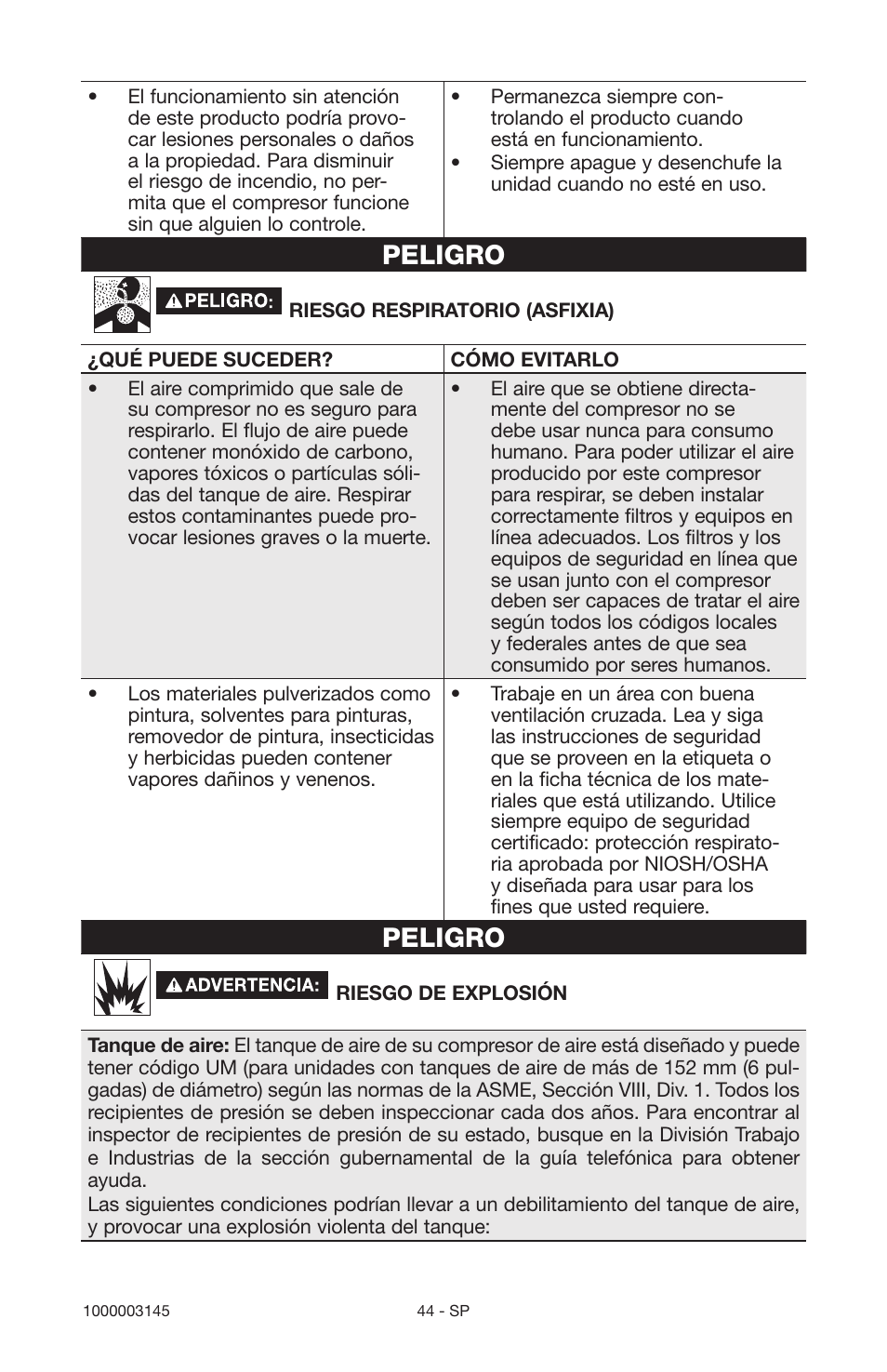 Peligro | Porter-Cable 1000003145 User Manual | Page 44 / 64