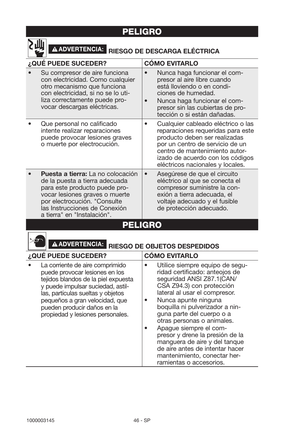 Peligro | Porter-Cable 1000003145 User Manual | Page 46 / 64