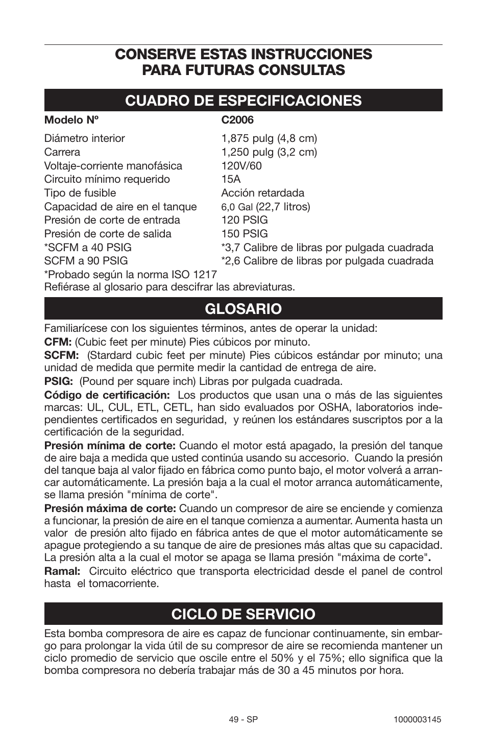 Cuadro de especificaciones, Glosario, Ciclo de servicio | Porter-Cable 1000003145 User Manual | Page 49 / 64