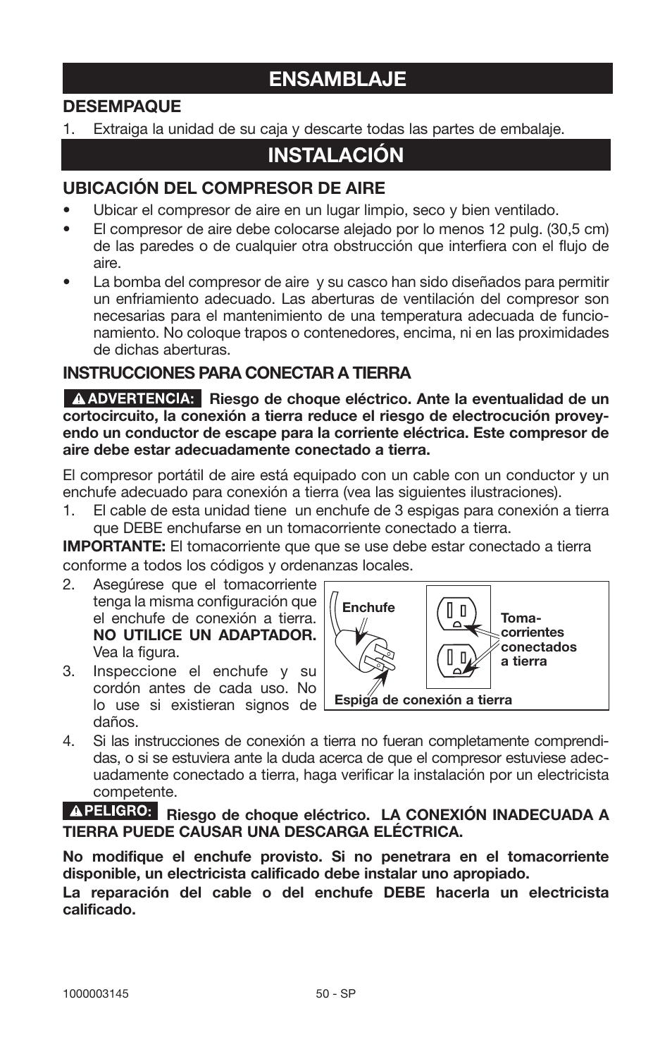 Ensamblaje, Instalación | Porter-Cable 1000003145 User Manual | Page 50 / 64