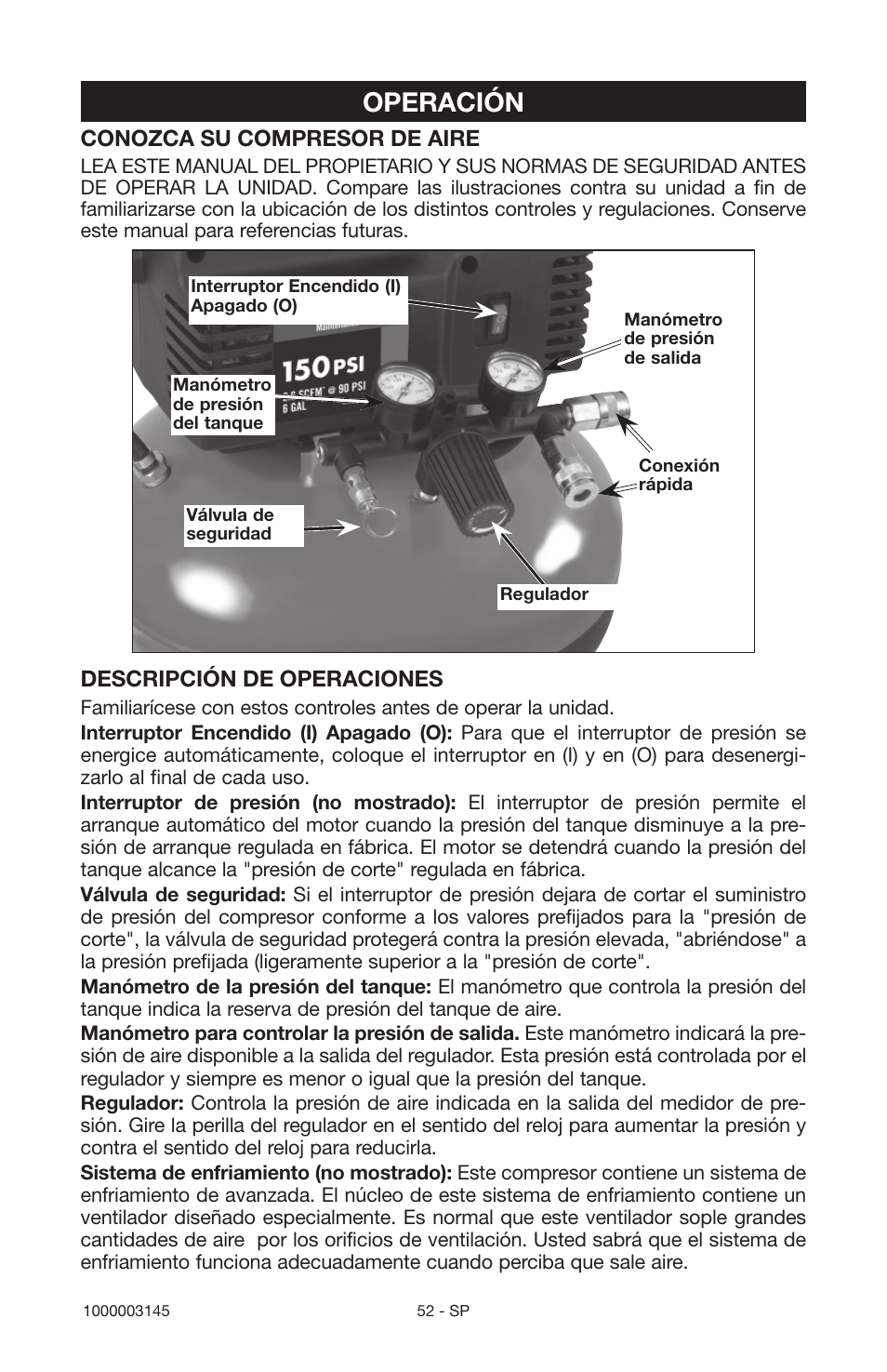 Operación, Conozca su compresor de aire, Descripción de operaciones | Porter-Cable 1000003145 User Manual | Page 52 / 64