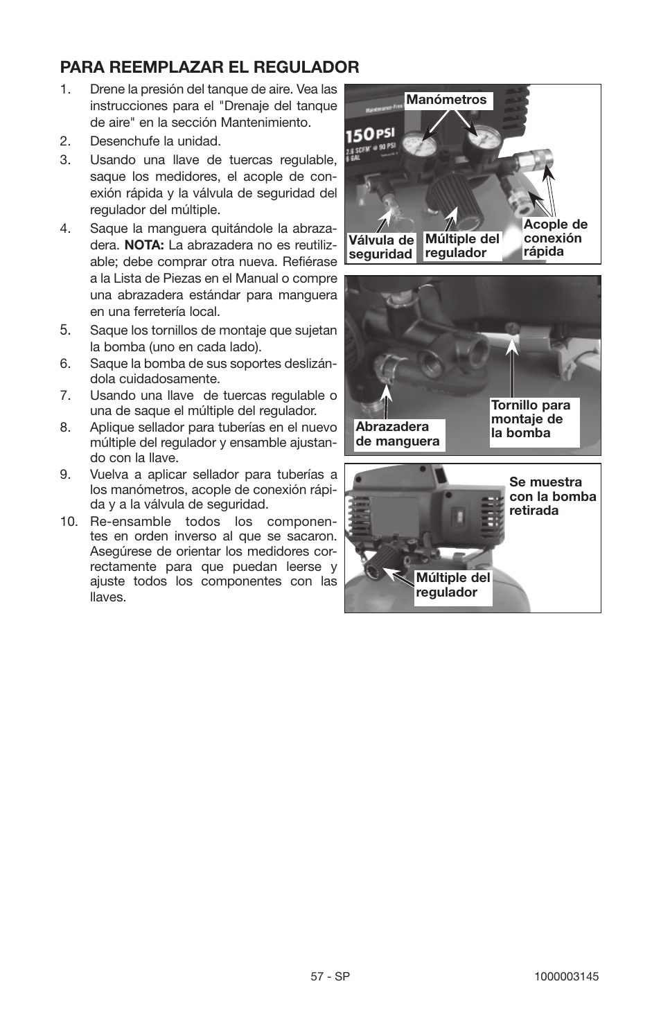 Para reemplazar el regulador | Porter-Cable 1000003145 User Manual | Page 57 / 64