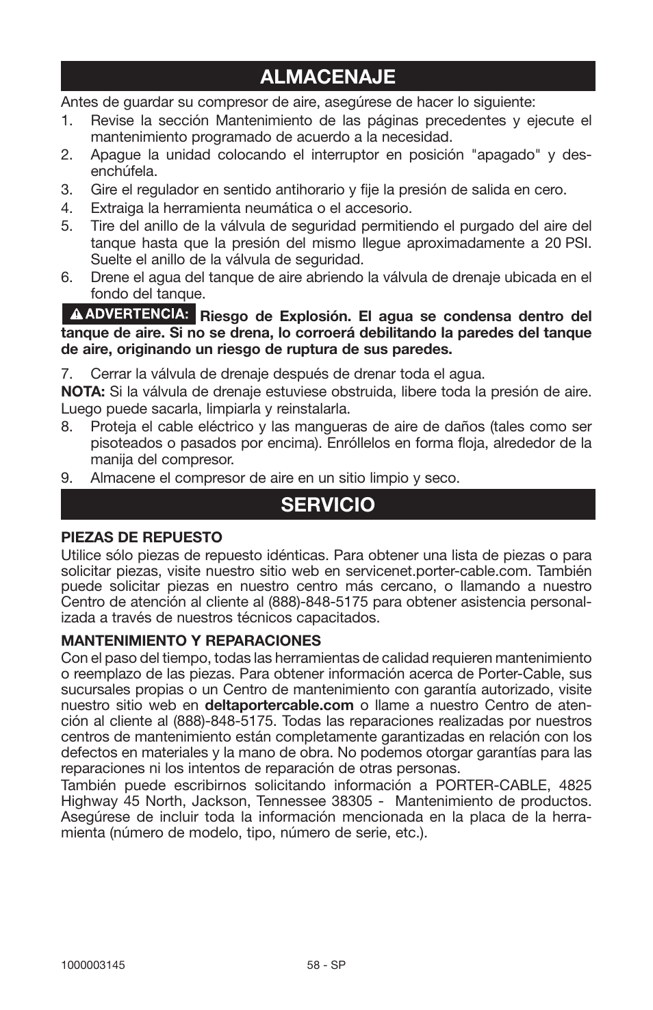 Almacenaje, Servicio | Porter-Cable 1000003145 User Manual | Page 58 / 64