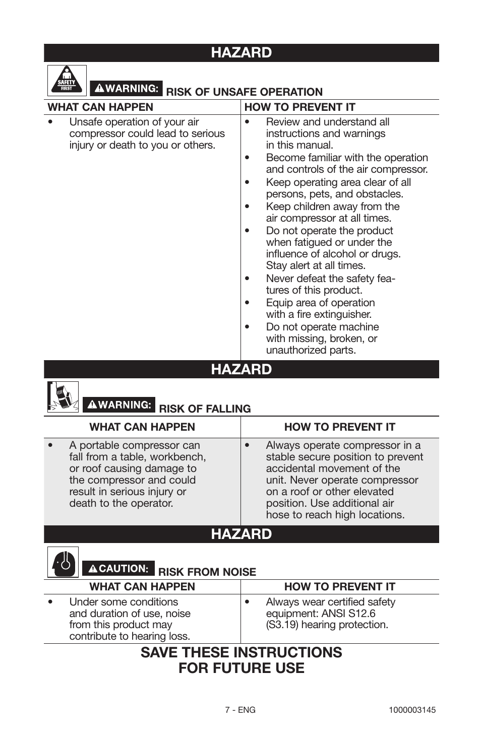 Hazard, Save these instructions for future use | Porter-Cable 1000003145 User Manual | Page 7 / 64