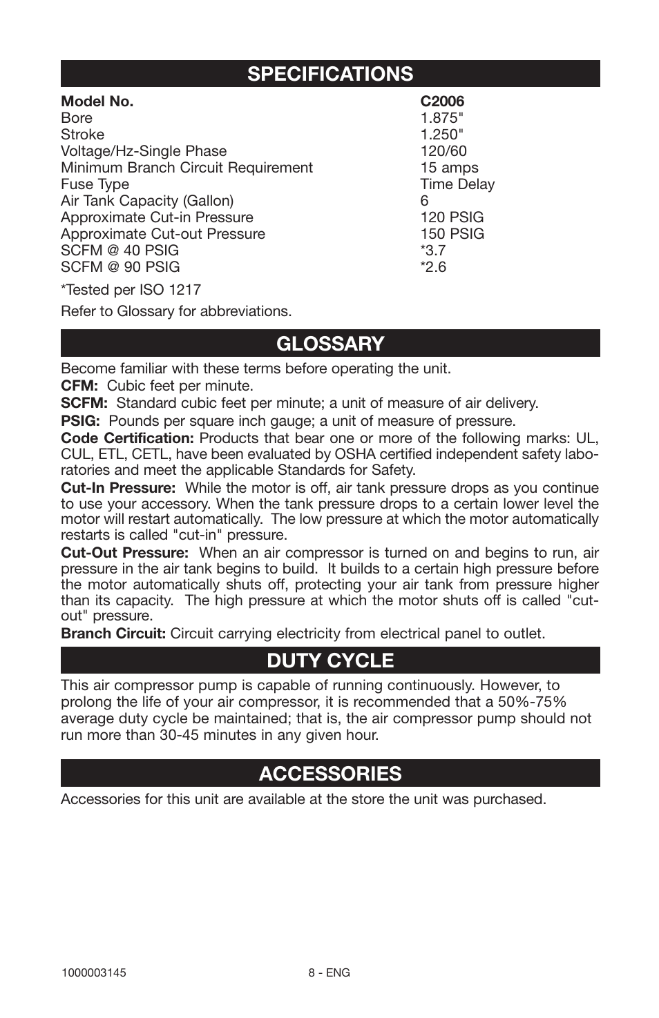 Specifications, Glossary, Duty cycle | Accessories | Porter-Cable 1000003145 User Manual | Page 8 / 64