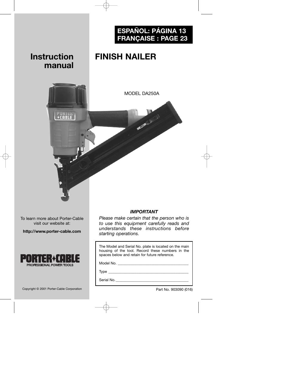 Porter-Cable DA250A User Manual | 13 pages