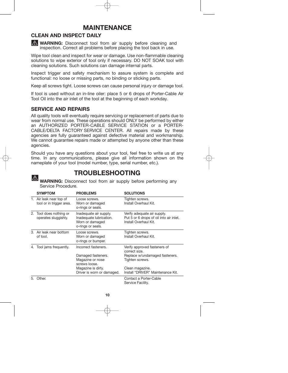 Maintenance, Troubleshooting, Clean and inspect daily | Service and repairs | Porter-Cable DA250A User Manual | Page 10 / 13