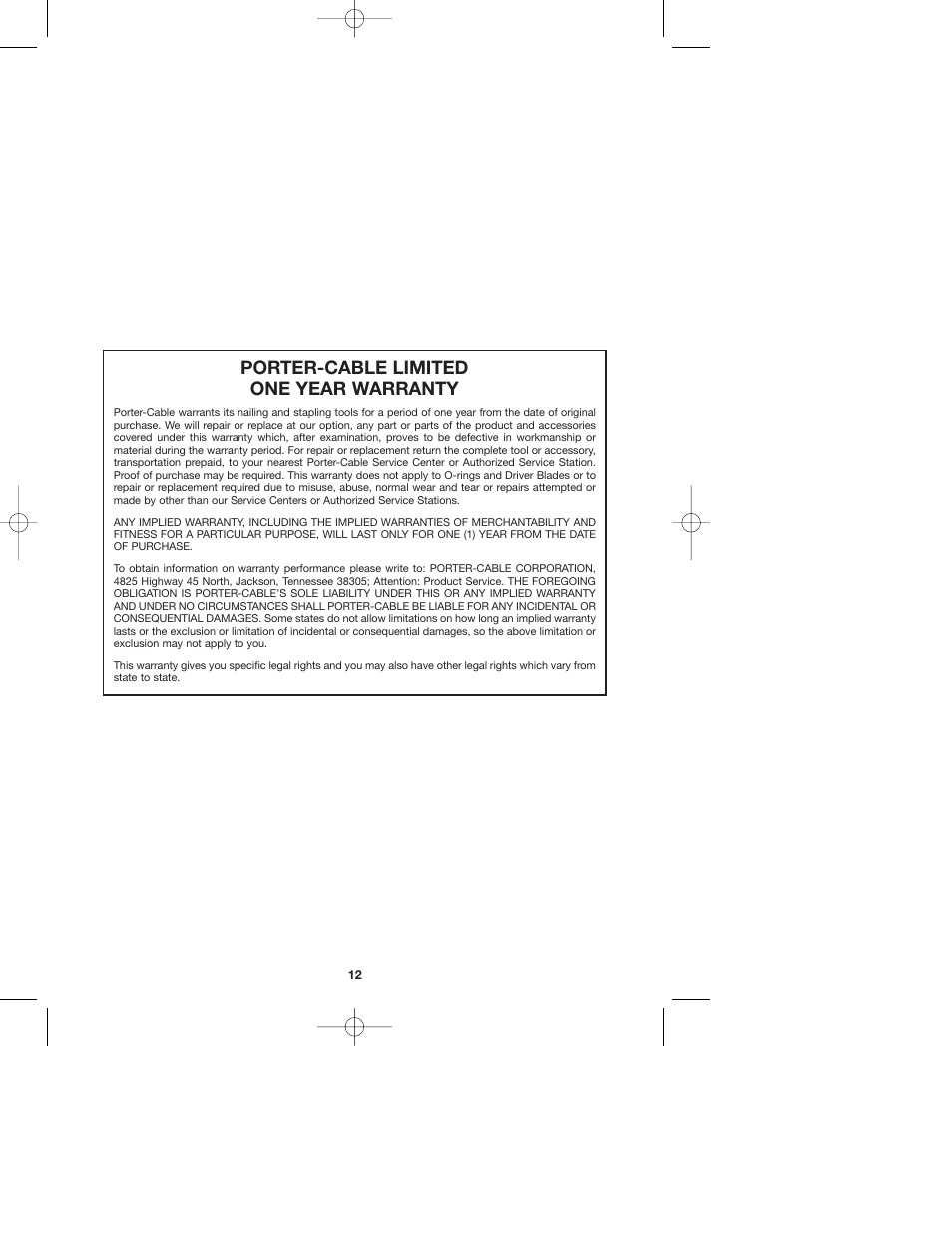 Porter-cable limited one year warranty | Porter-Cable DA250A User Manual | Page 12 / 13