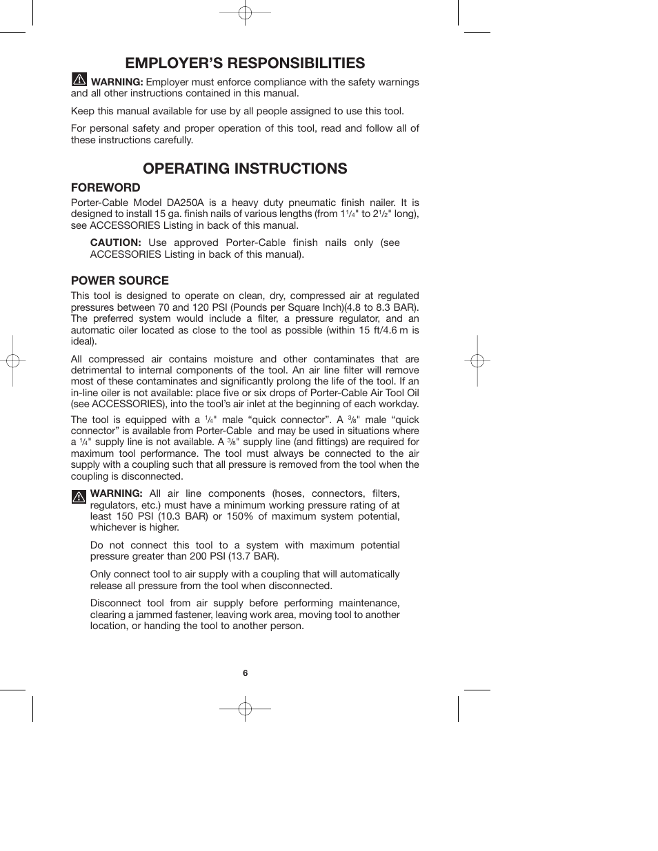 Employer’s responsibilities, Operating instructions, Foreword | Power source | Porter-Cable DA250A User Manual | Page 6 / 13