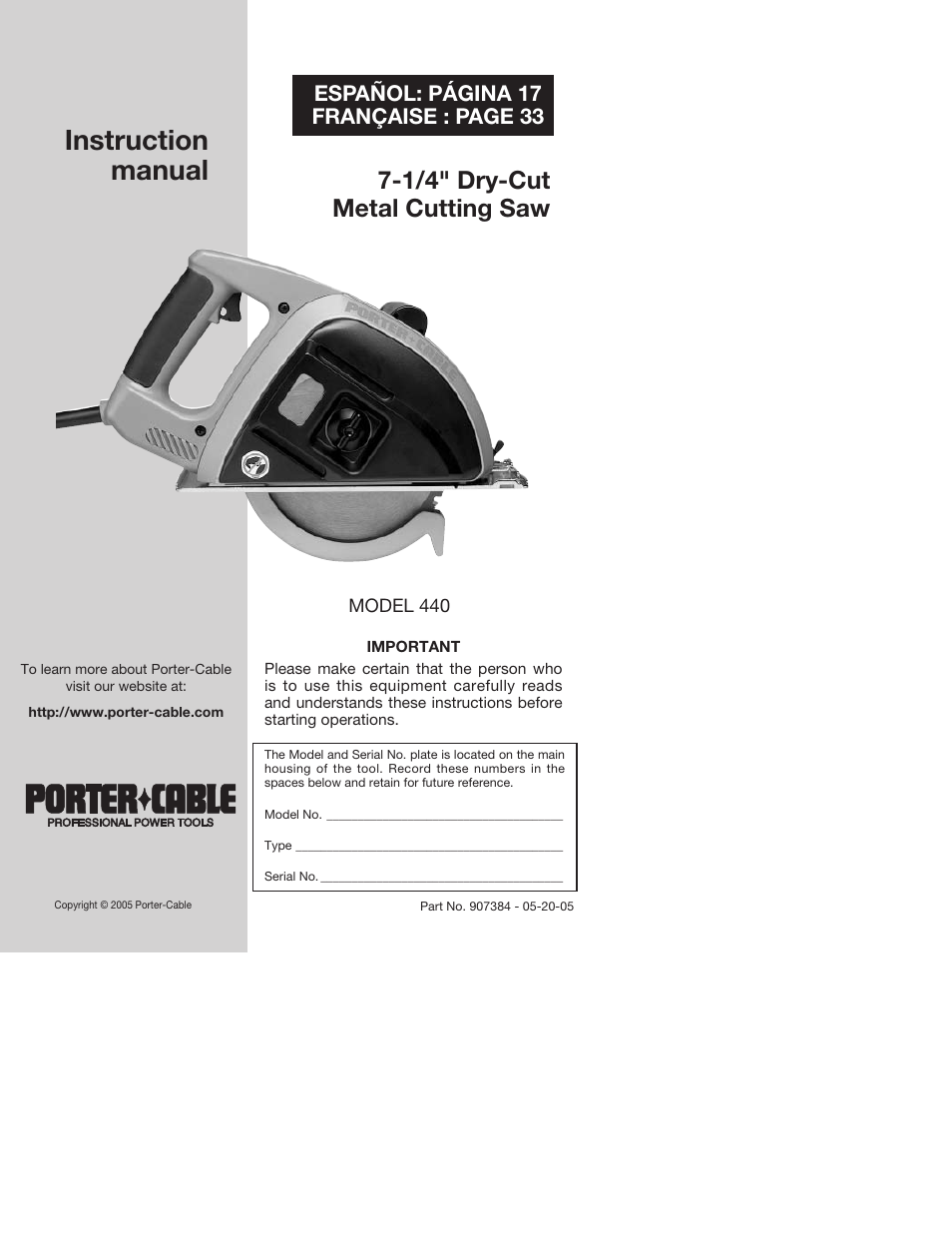 Porter-Cable METAL CUTTING SAW 440 User Manual | 17 pages