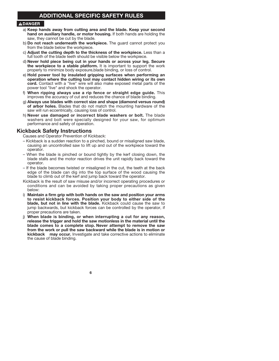 Additional specific safety rules, Kickback safety instructions | Porter-Cable METAL CUTTING SAW 440 User Manual | Page 6 / 17