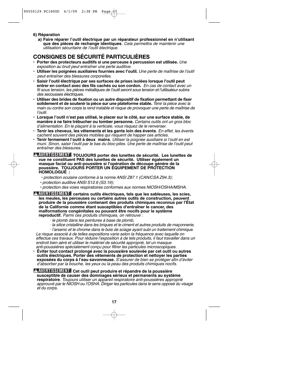 Consignes de sécurité particulières | Porter-Cable 8101214 User Manual | Page 17 / 44