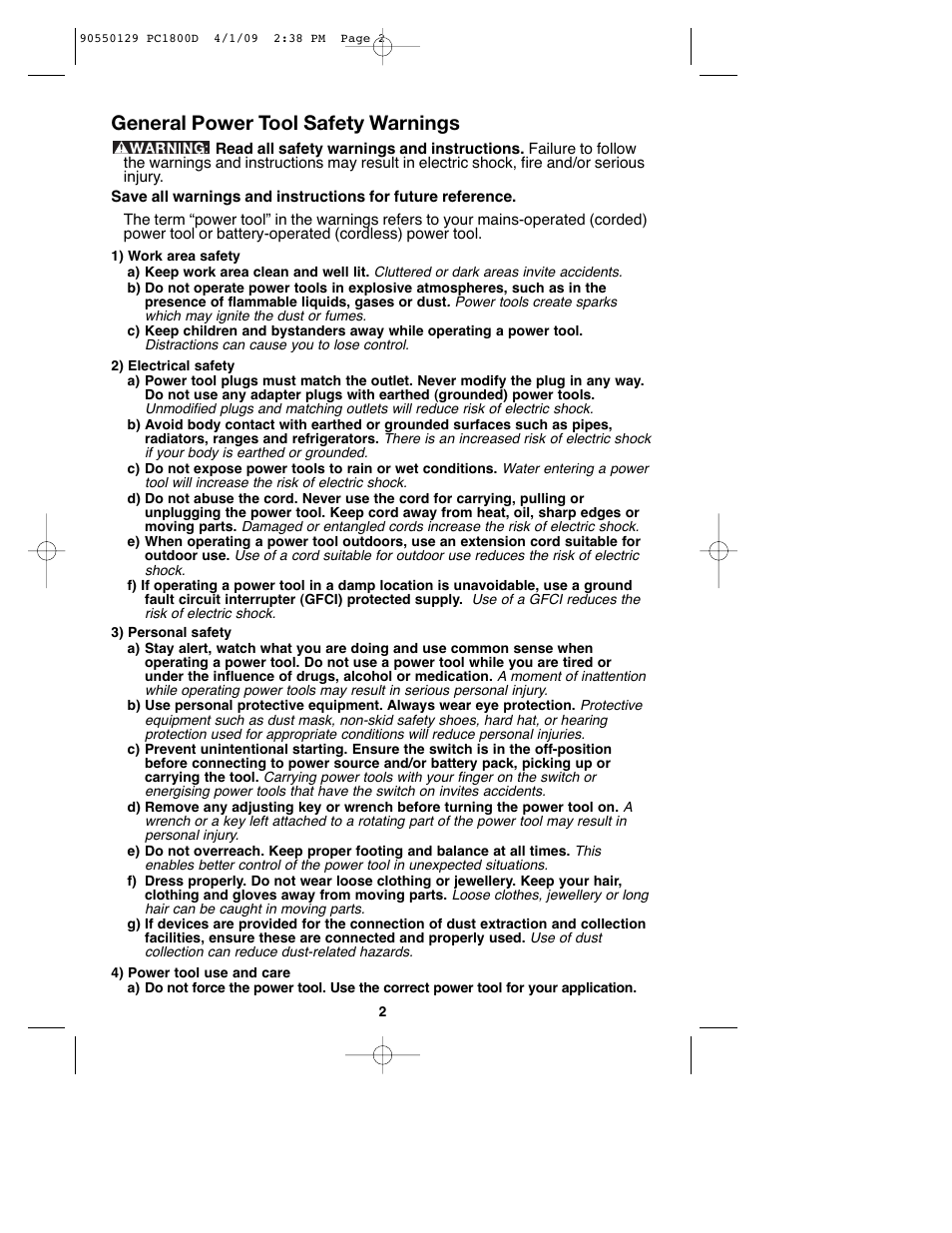 General power tool safety warnings | Porter-Cable 8101214 User Manual | Page 2 / 44