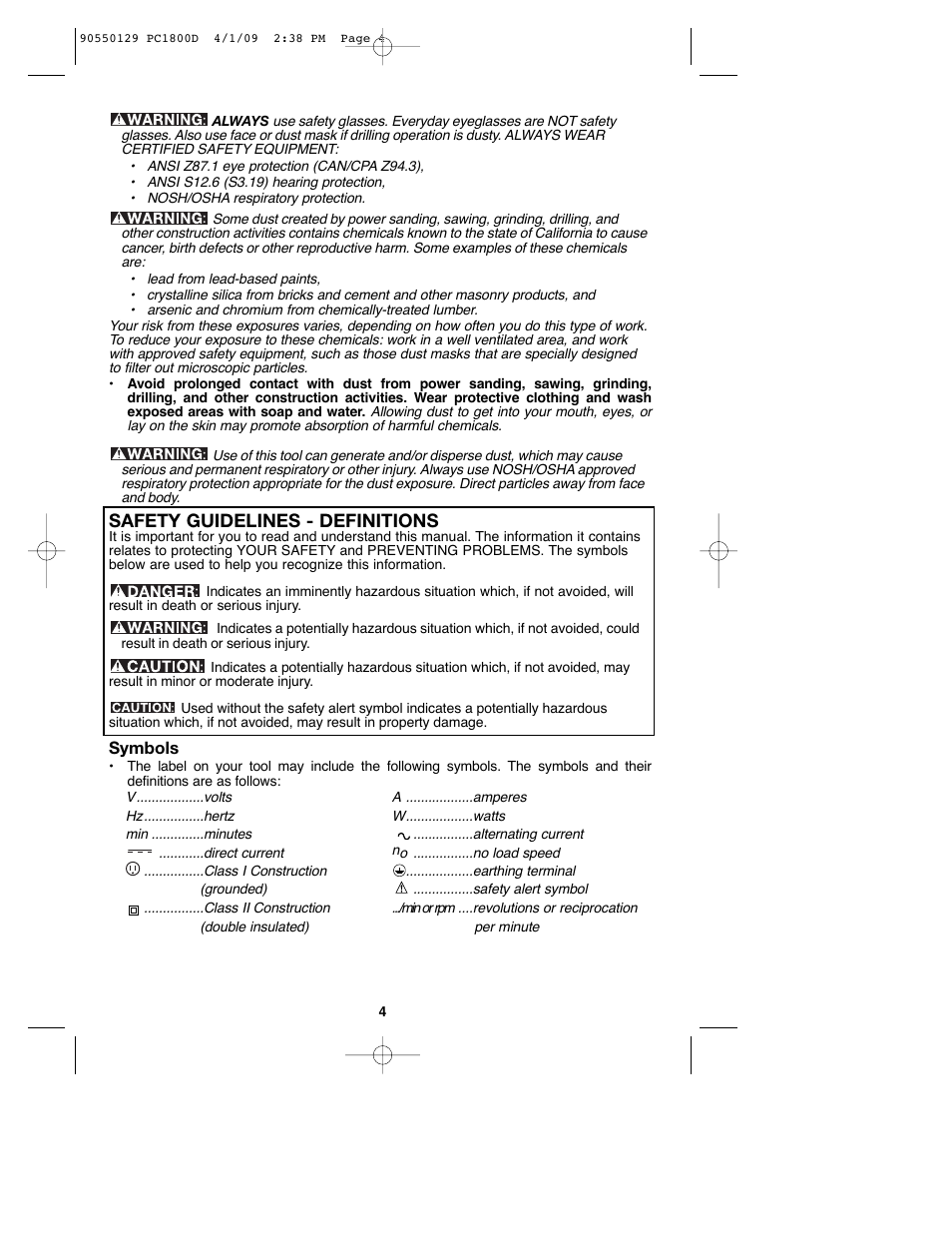 Safety guidelines - definitions | Porter-Cable 8101214 User Manual | Page 4 / 44