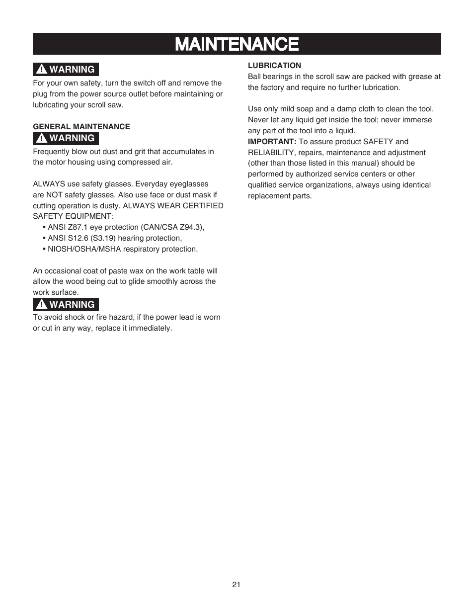 Maintenance | Porter-Cable PCB370SS User Manual | Page 21 / 28