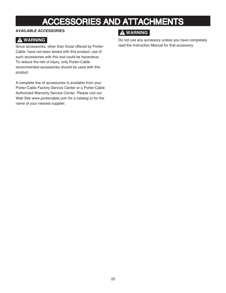 Accessories and attachments | Porter-Cable PCB370SS User Manual | Page 22 / 28