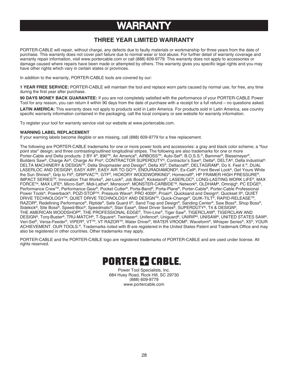 Warranty, Three year limited warranty | Porter-Cable PCB370SS User Manual | Page 28 / 28