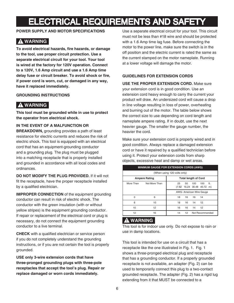 Electrical requirements and safety, Warning | Porter-Cable PCB370SS User Manual | Page 6 / 28