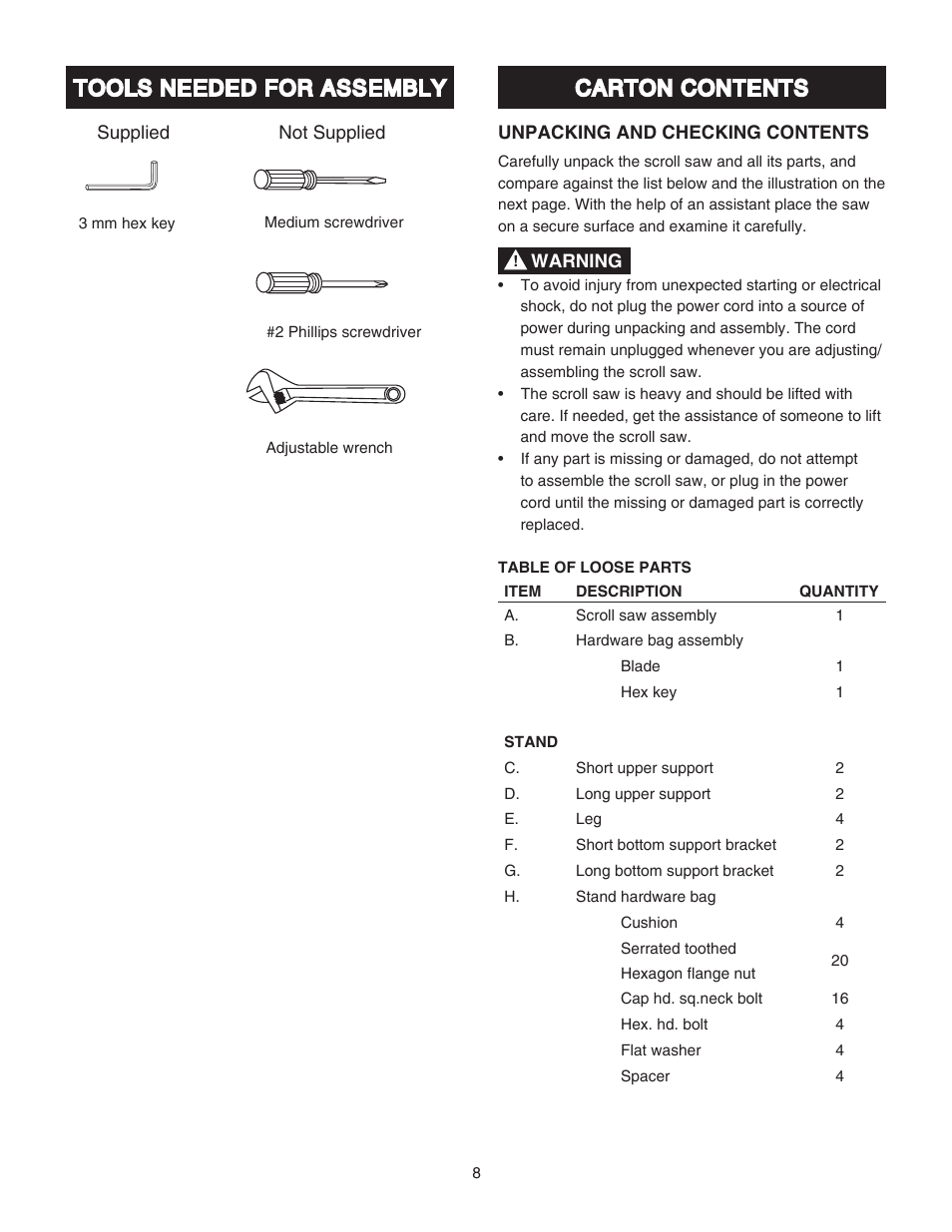 Carton contents tools needed for assembly | Porter-Cable PCB370SS User Manual | Page 8 / 28