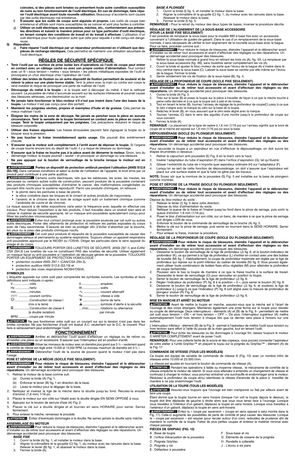 Règles de sécurité spécifique, Fonctionnement | Porter-Cable 892 User Manual | Page 4 / 7